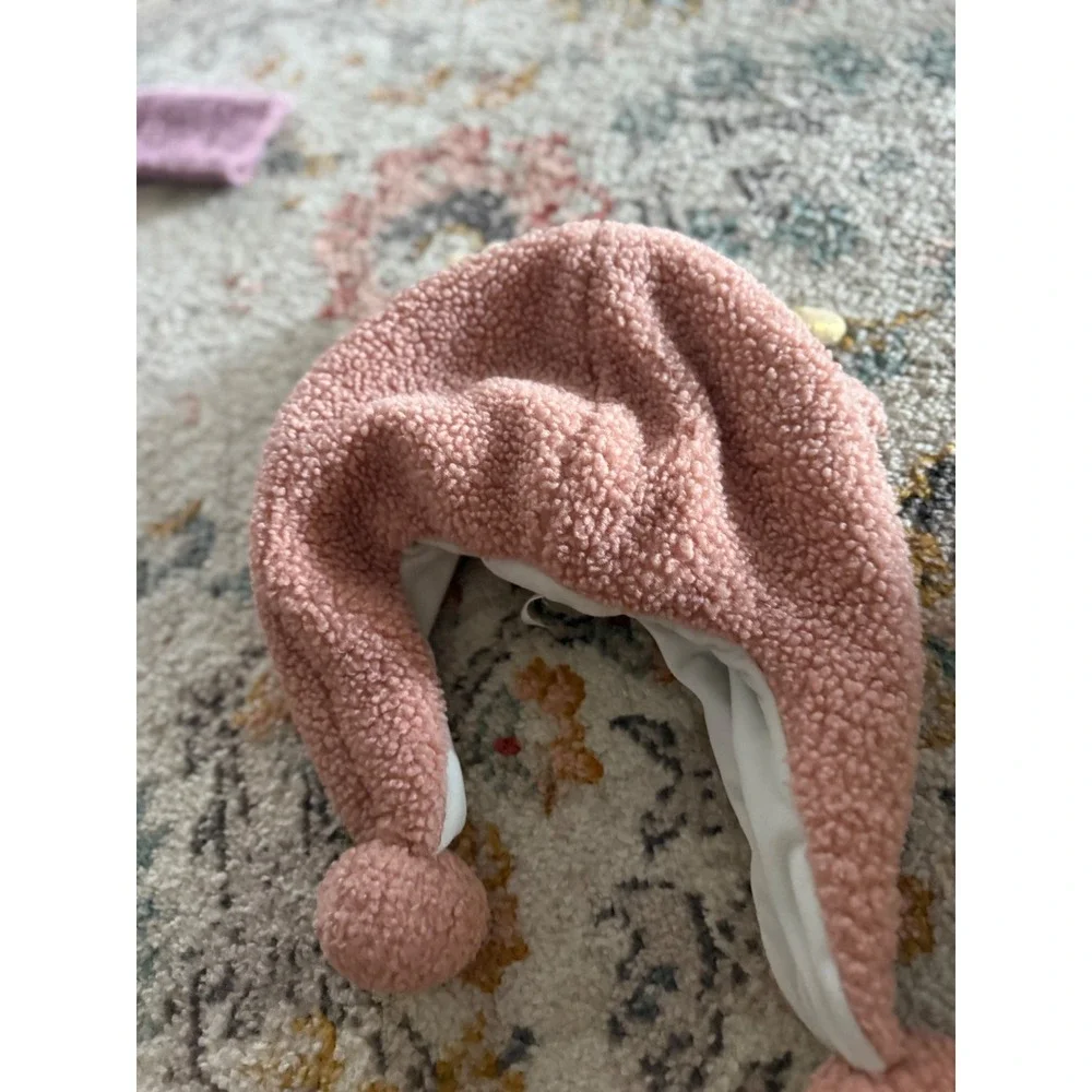 Kids Pink Sherpa Fleece Deer Trapper Hat Gold Antlers Pom Poms Winter Beanie